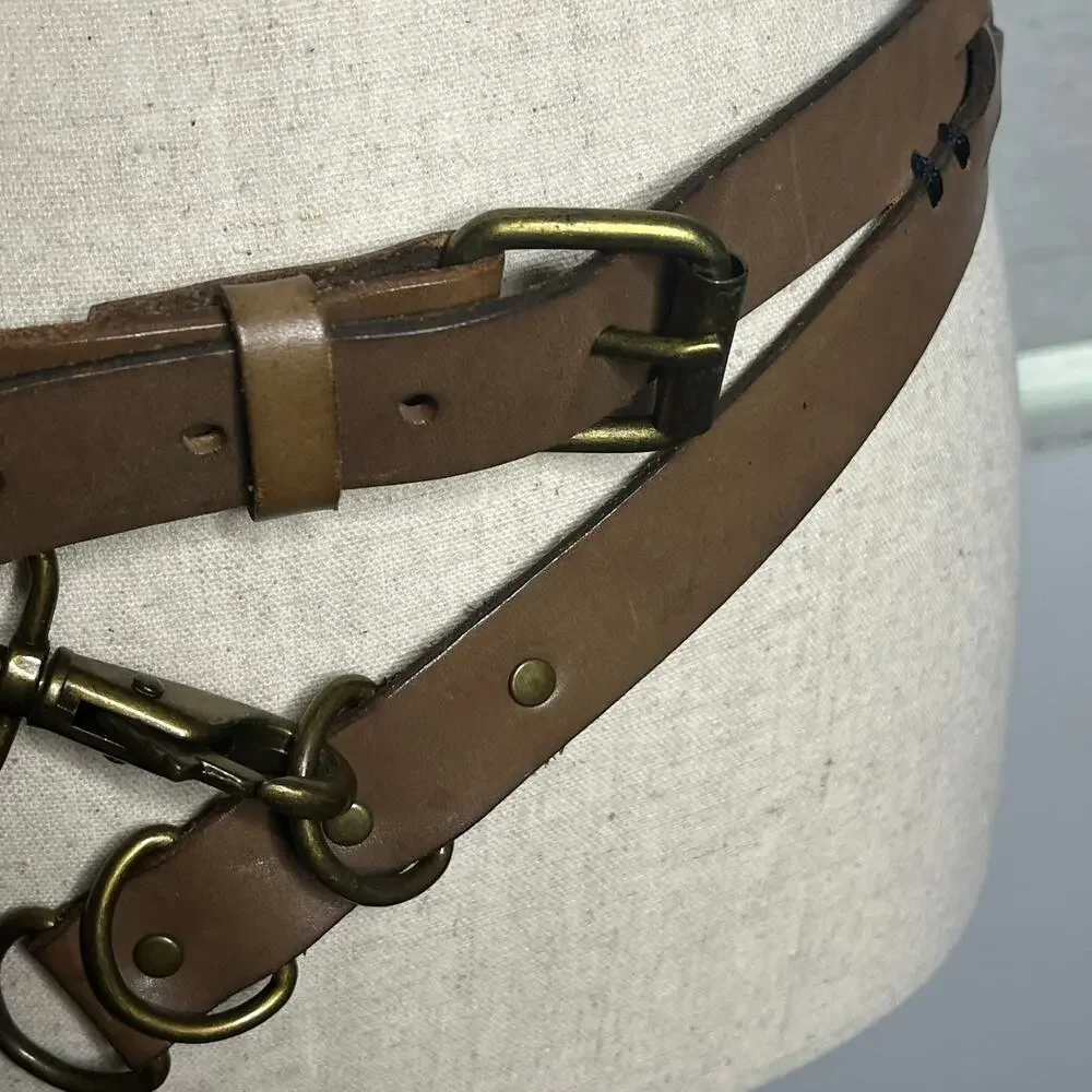 Hobo International Leather Belt Womens L Brown Dual Strap Buckle and Hook Boho